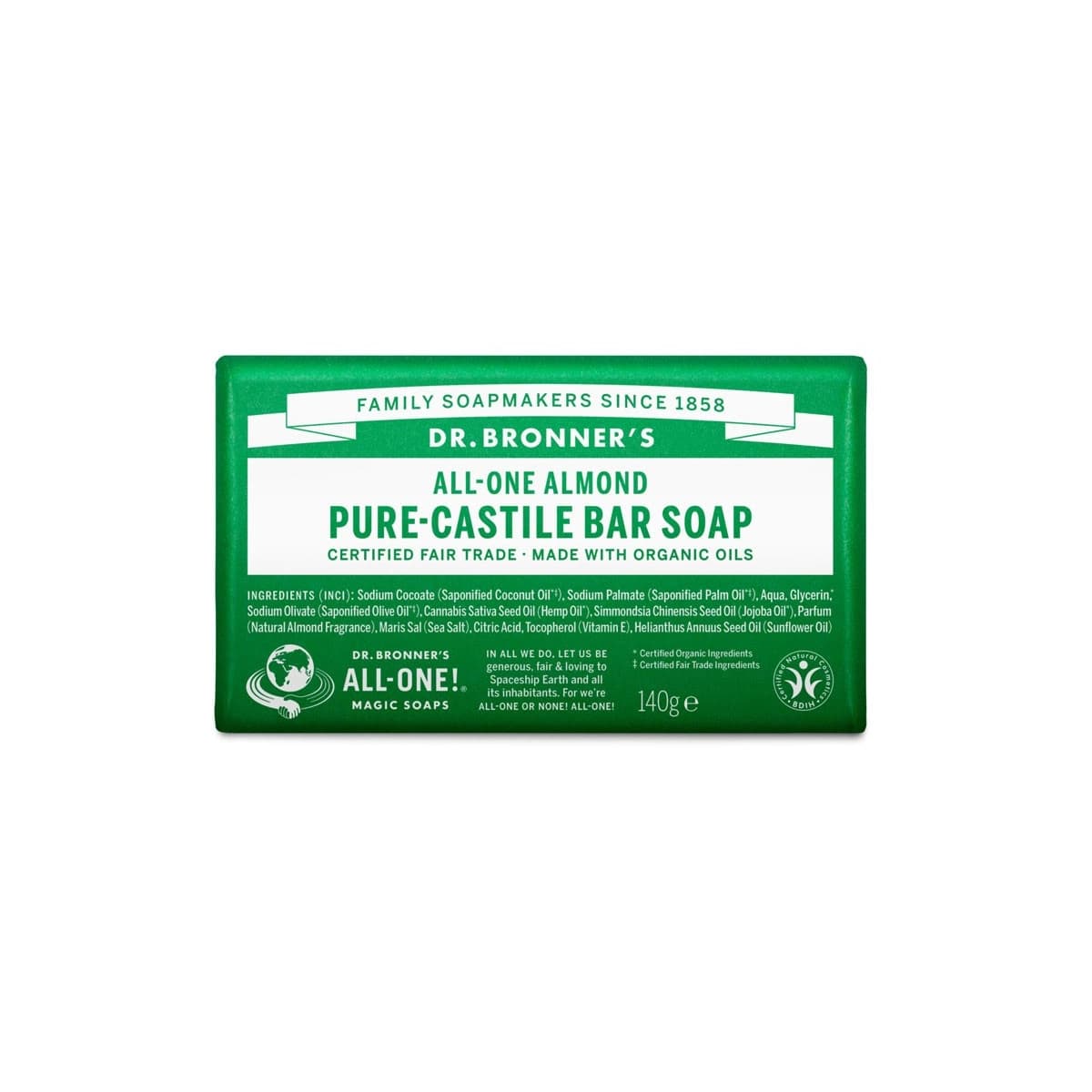 Pastilla de jabon de almendras bio 140g Dr. Bronner's