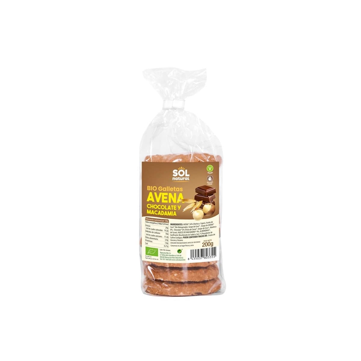 Galletas Avena Chocolate y Macadamia Bio 200g Sol Natural