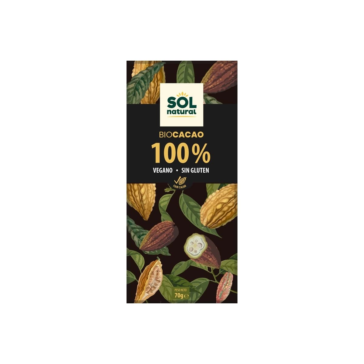 Tableta chocolate cacao puro 100% Bio 70g Sol Natural