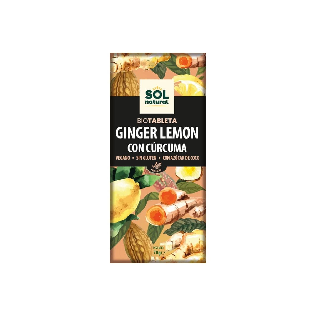 Tableta chocolate jengibre limon y curcuma bio 70g Sol Natural