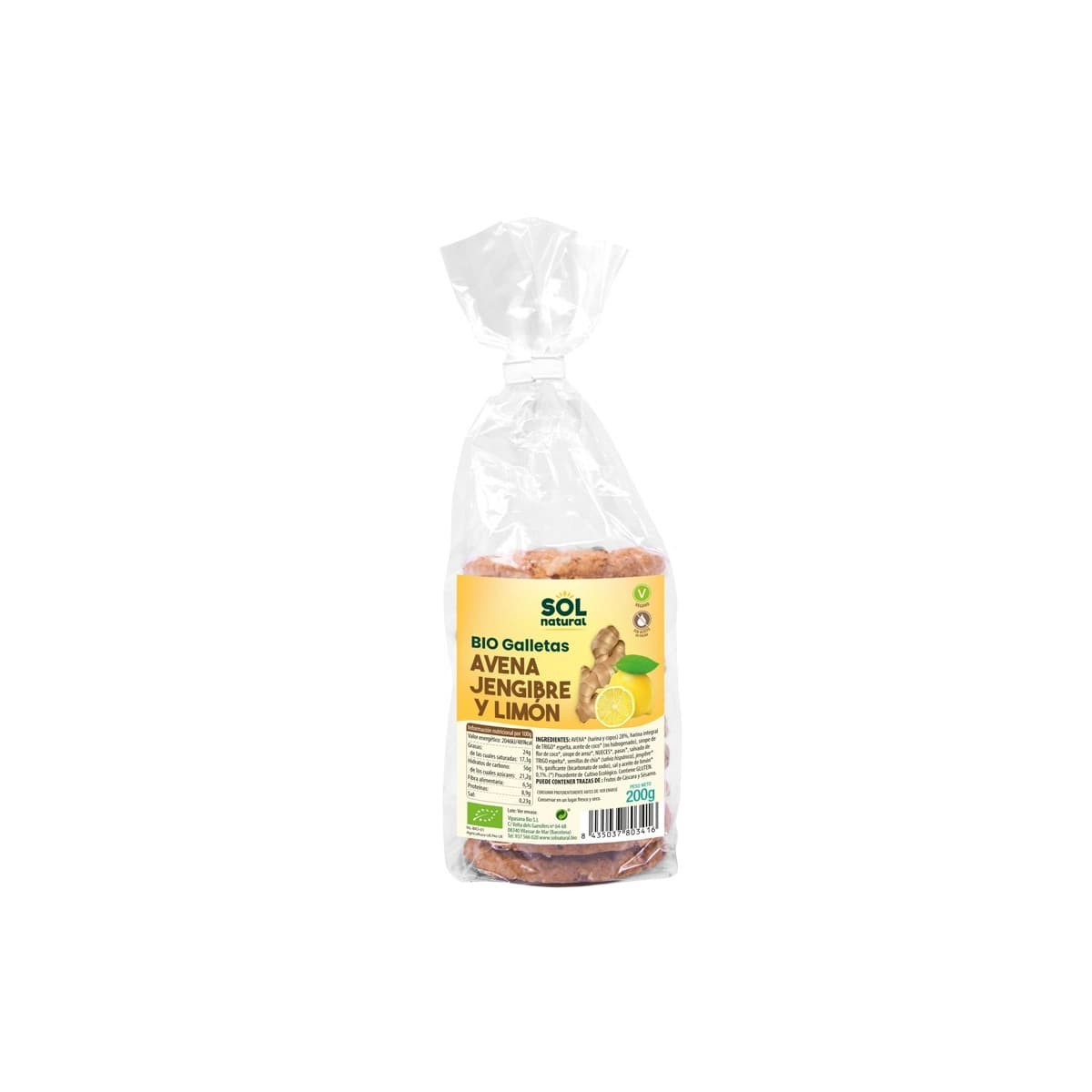 Galletas de avena, jengibre y limon bio 200g Sol Natural