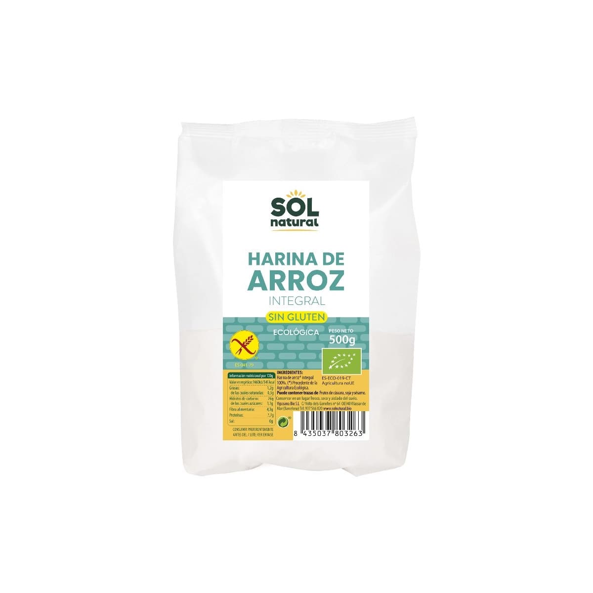 Harina de arroz integral sin gluten bio 500g Sol Natural