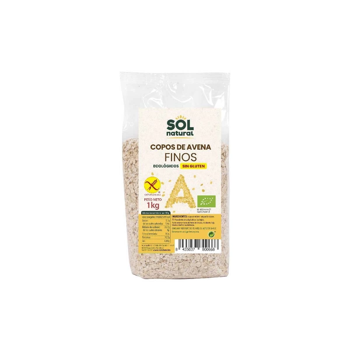 Copos de avena finos sin gluten bio 1kg Sol Natural
