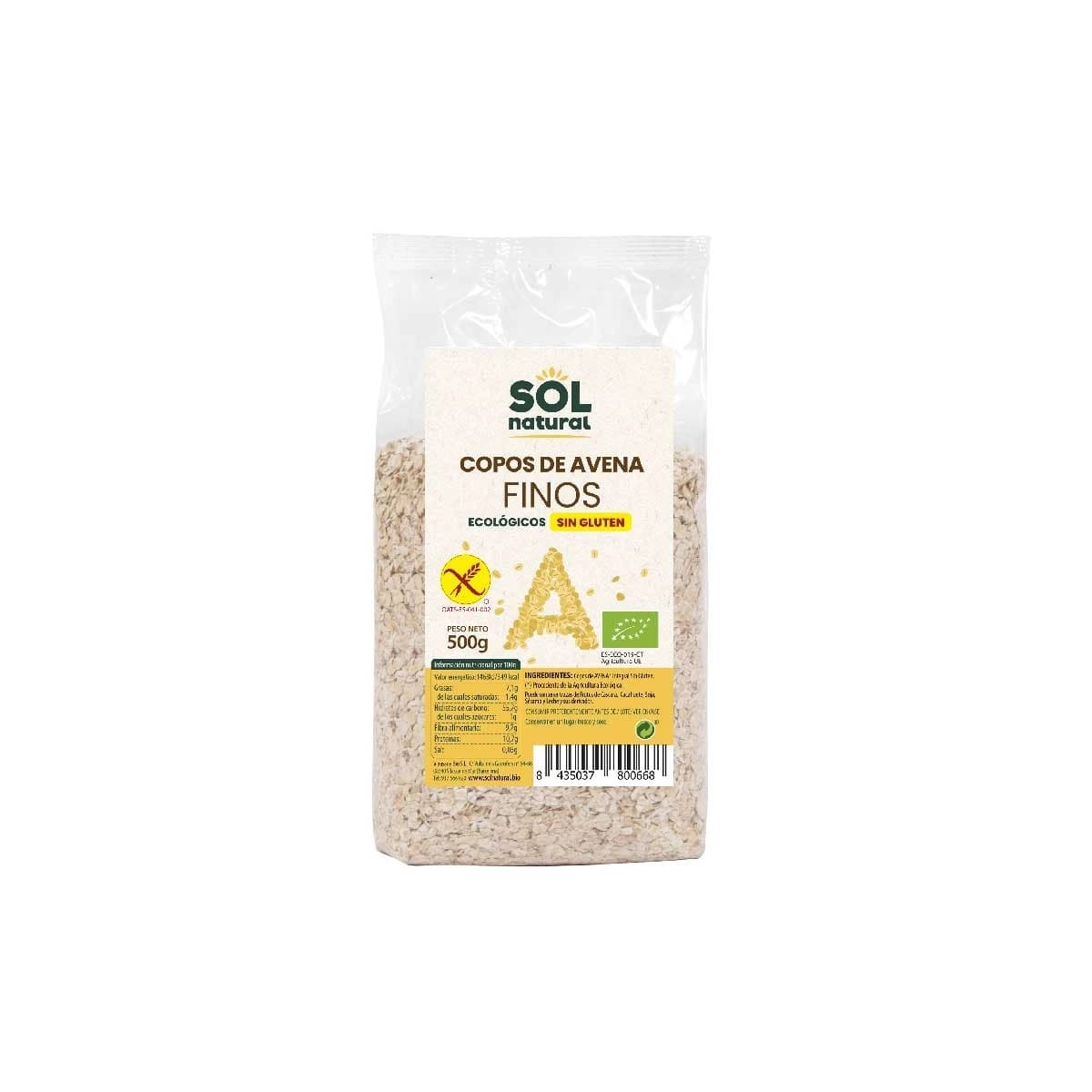 Copos de avena finos sin gluten bio 500g Sol Natural