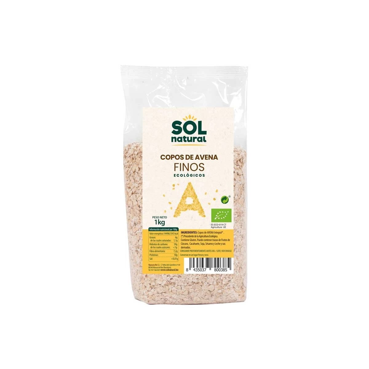 Copos de avena finos bio 1kg Sol Natural