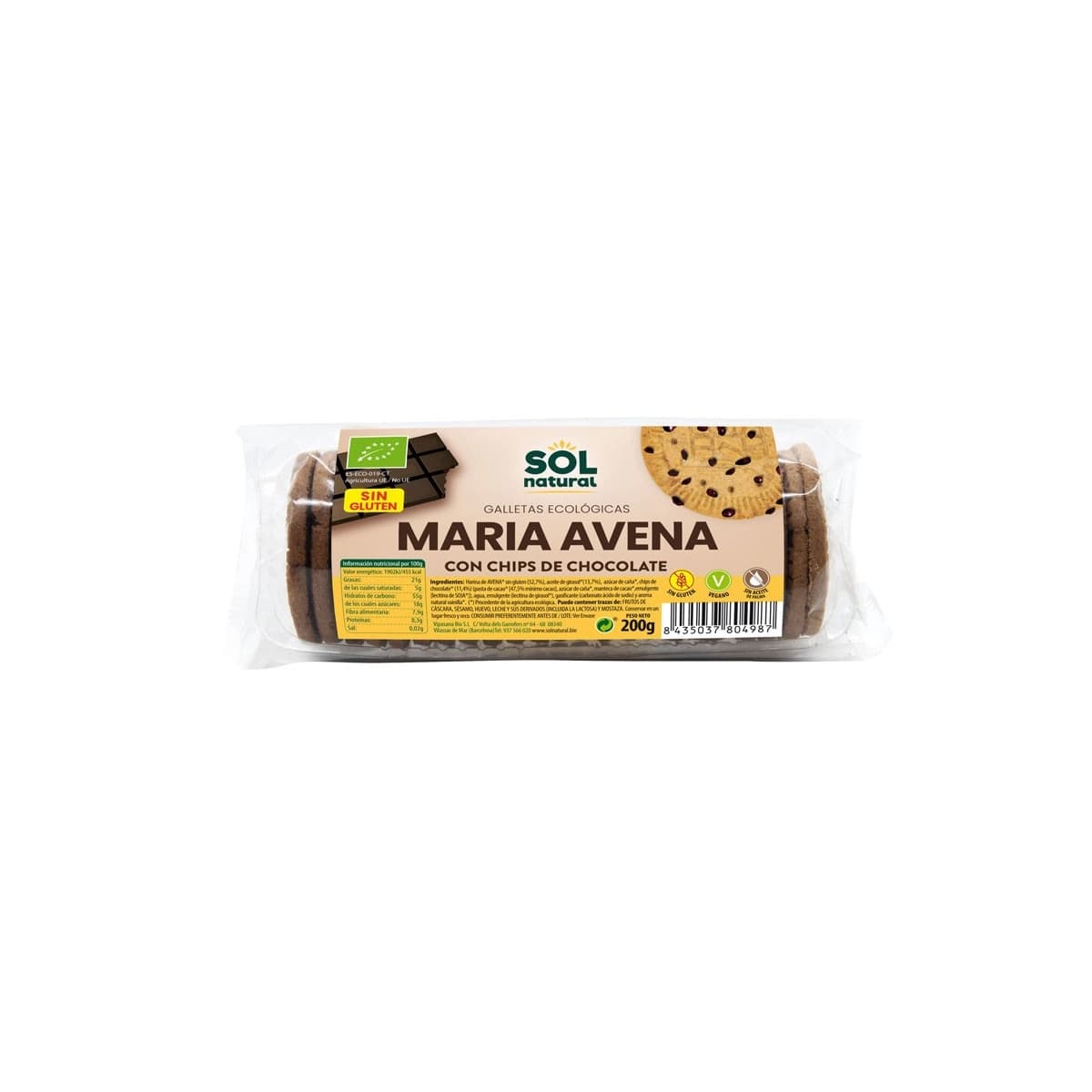 Galletas Maria de Avena con chips chocolate sin gluten bio 200g Sol Natural