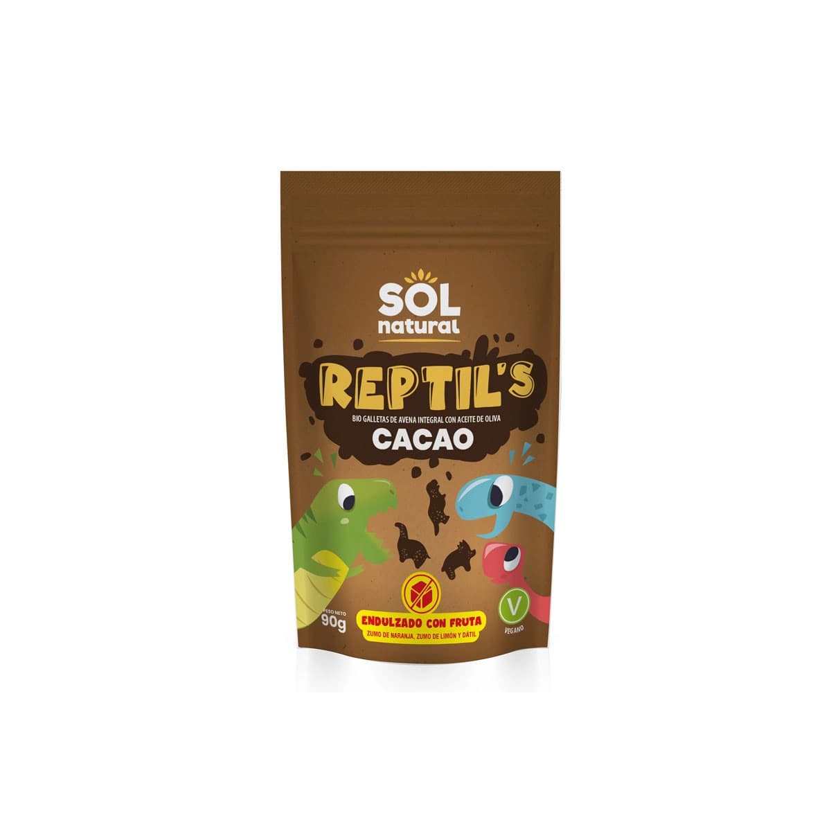 Galletas Cacao Avena integral y fruta REPTIL'S (forma de dinosaurios) Bio 90g Sol Natural