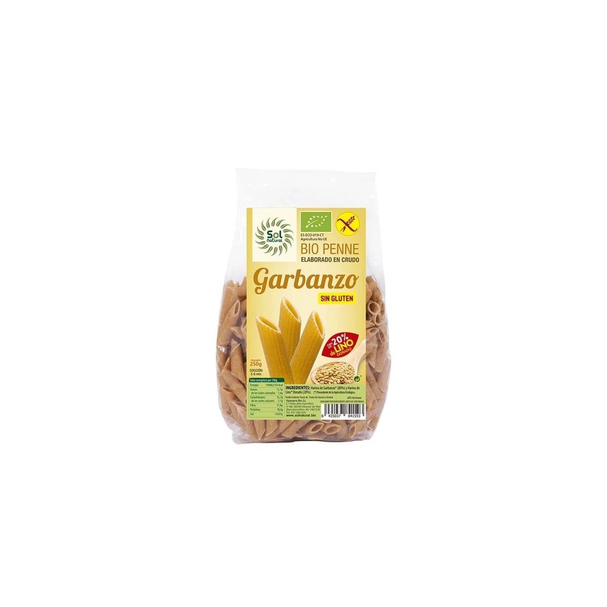 Penne de garbanzo y lino sin gluten bio 250g Sol Natural