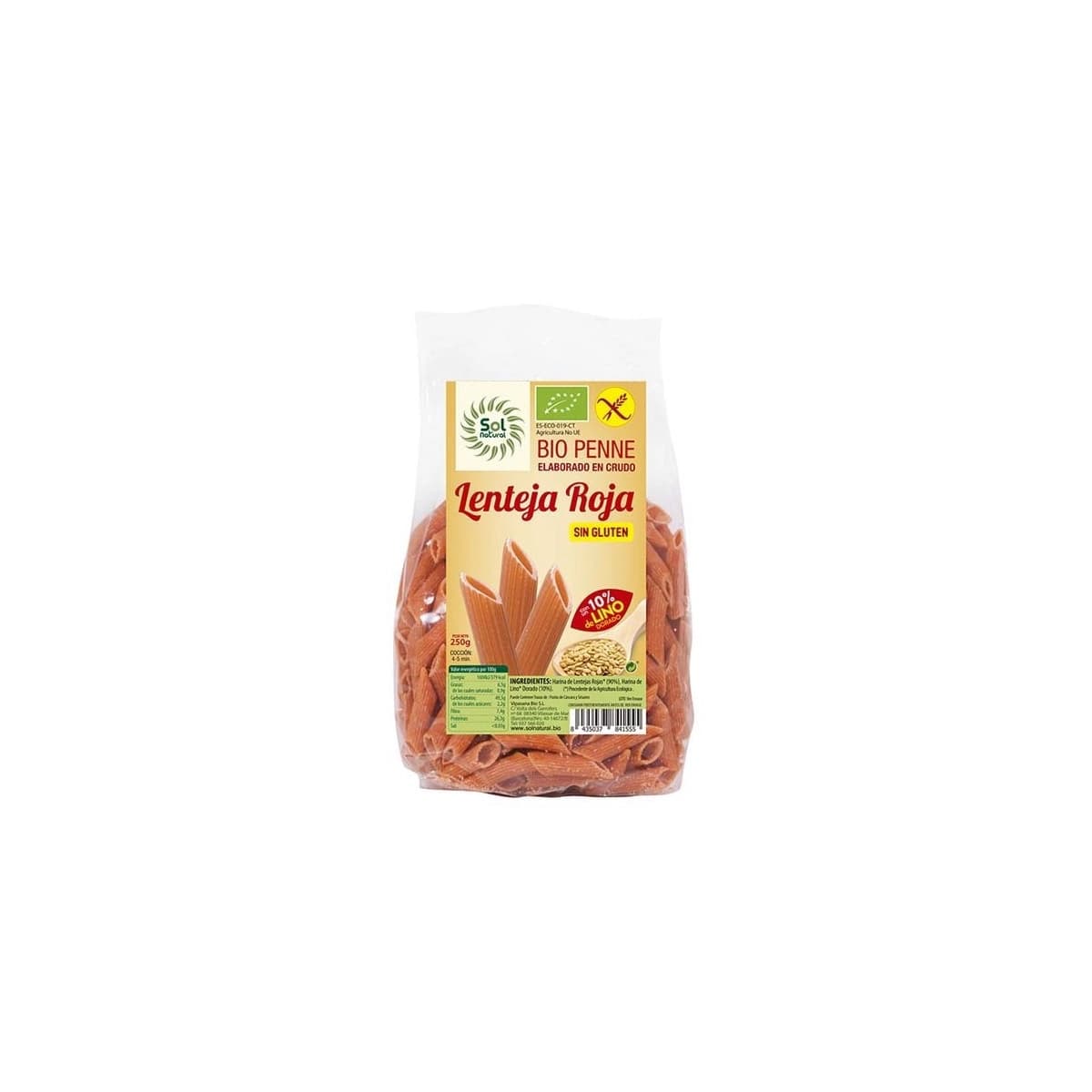 Penne lenteja roja con lino bio sin gluten 250g Sol Natural