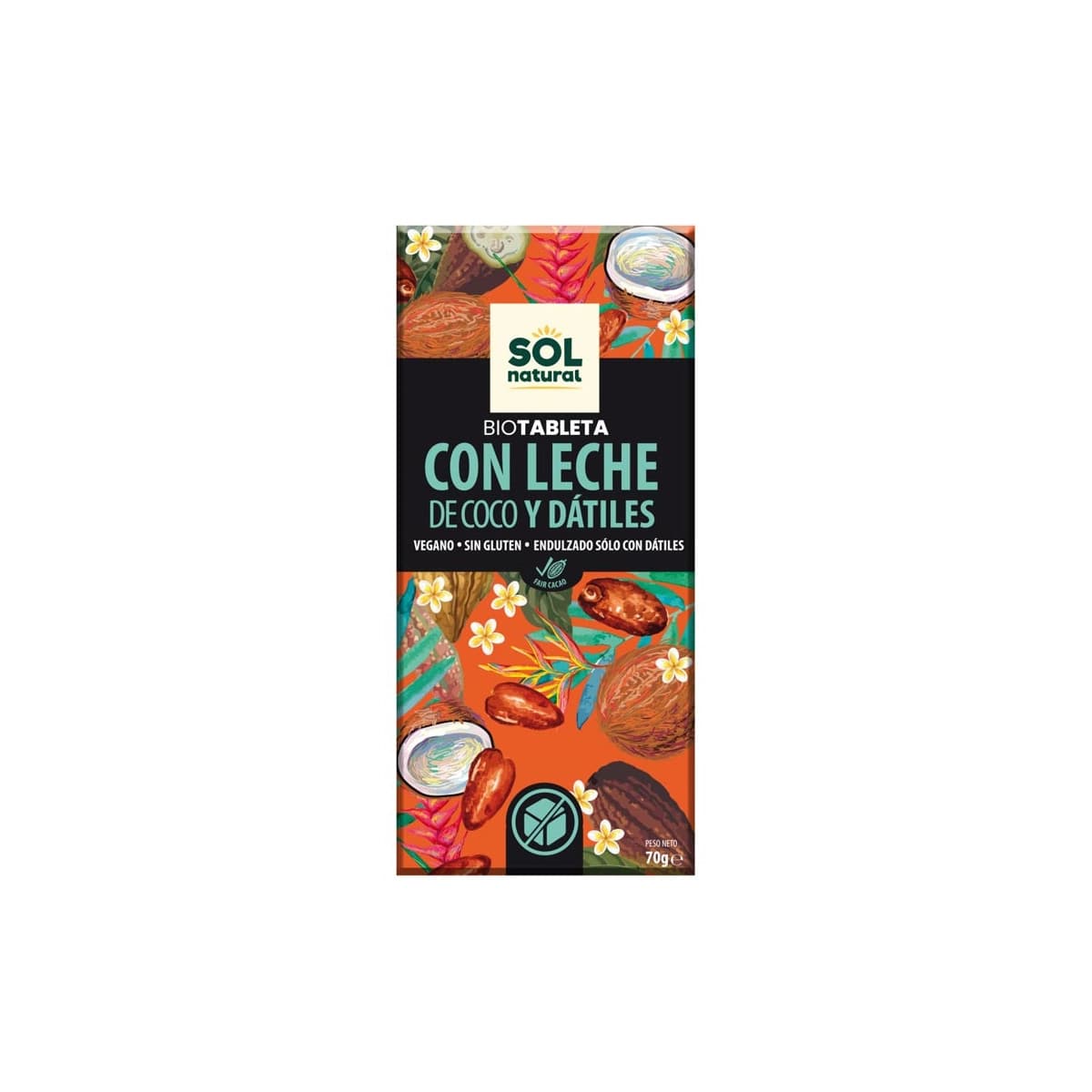 Tableta chocolate con leche, coco y datiles Bio 70g Sol Natural