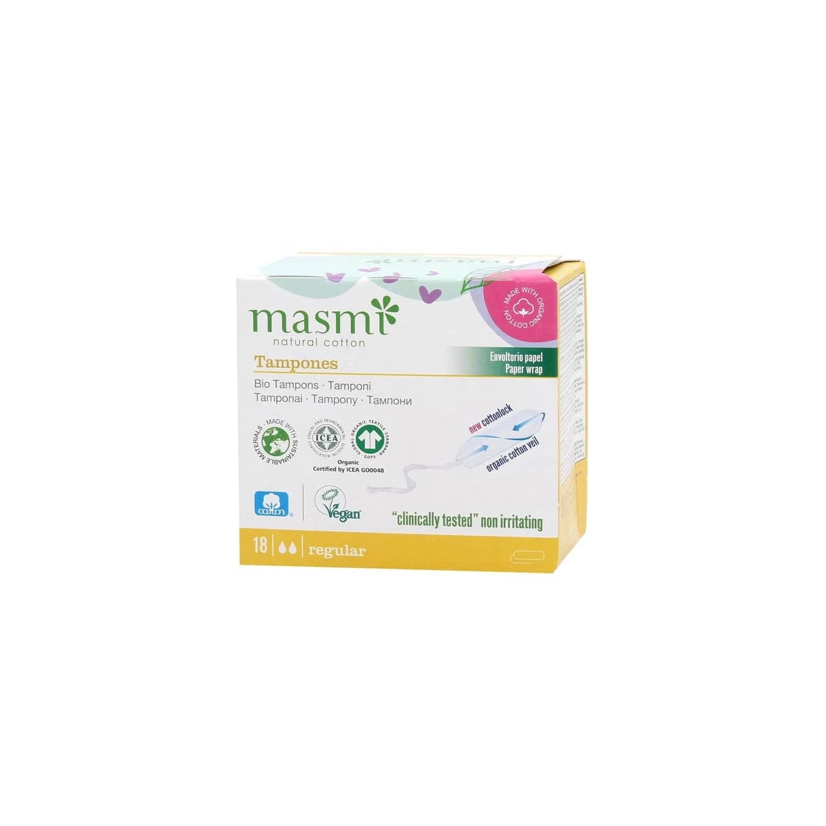 Tampones de algodon regular sin aplicador bio 18ud Masmi