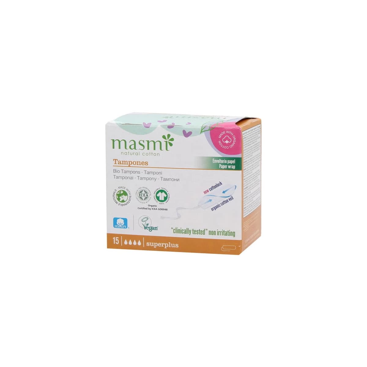 Tampones de algodon superplus sin aplicador bio 15ud Masmi