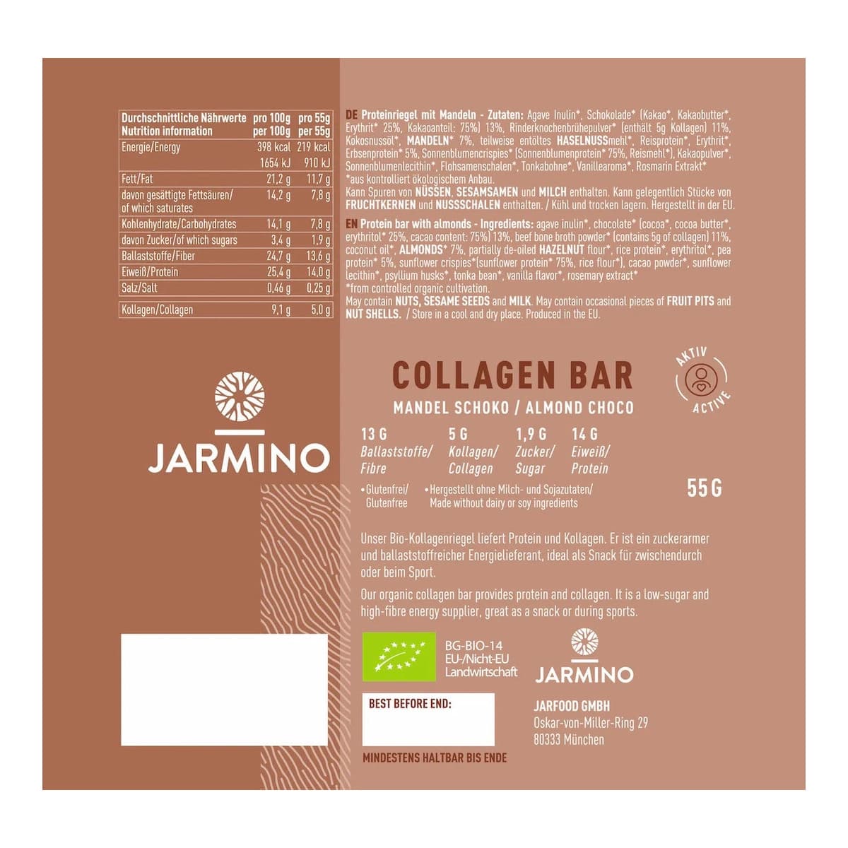 Barrita de Colageno Almendra y Cacao BIO 12x55g Jarmino