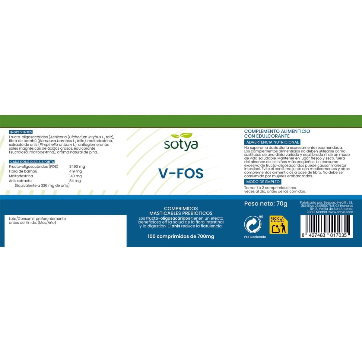 V-Fos vientre plano 700mg 100 comprimidos Sotya