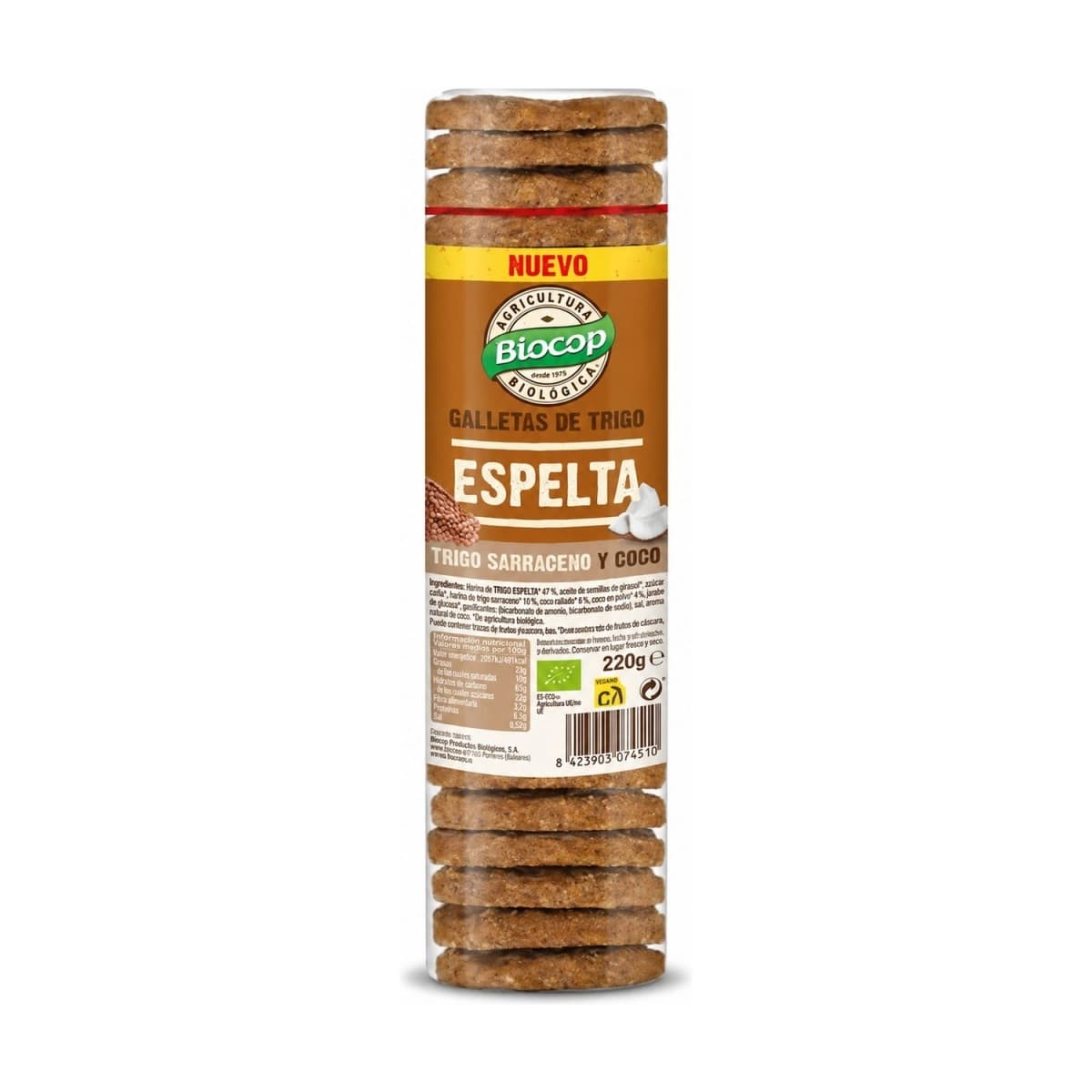 Galleta de trigo espelta con trigo sarraceno y coco Bio 220g Biocop