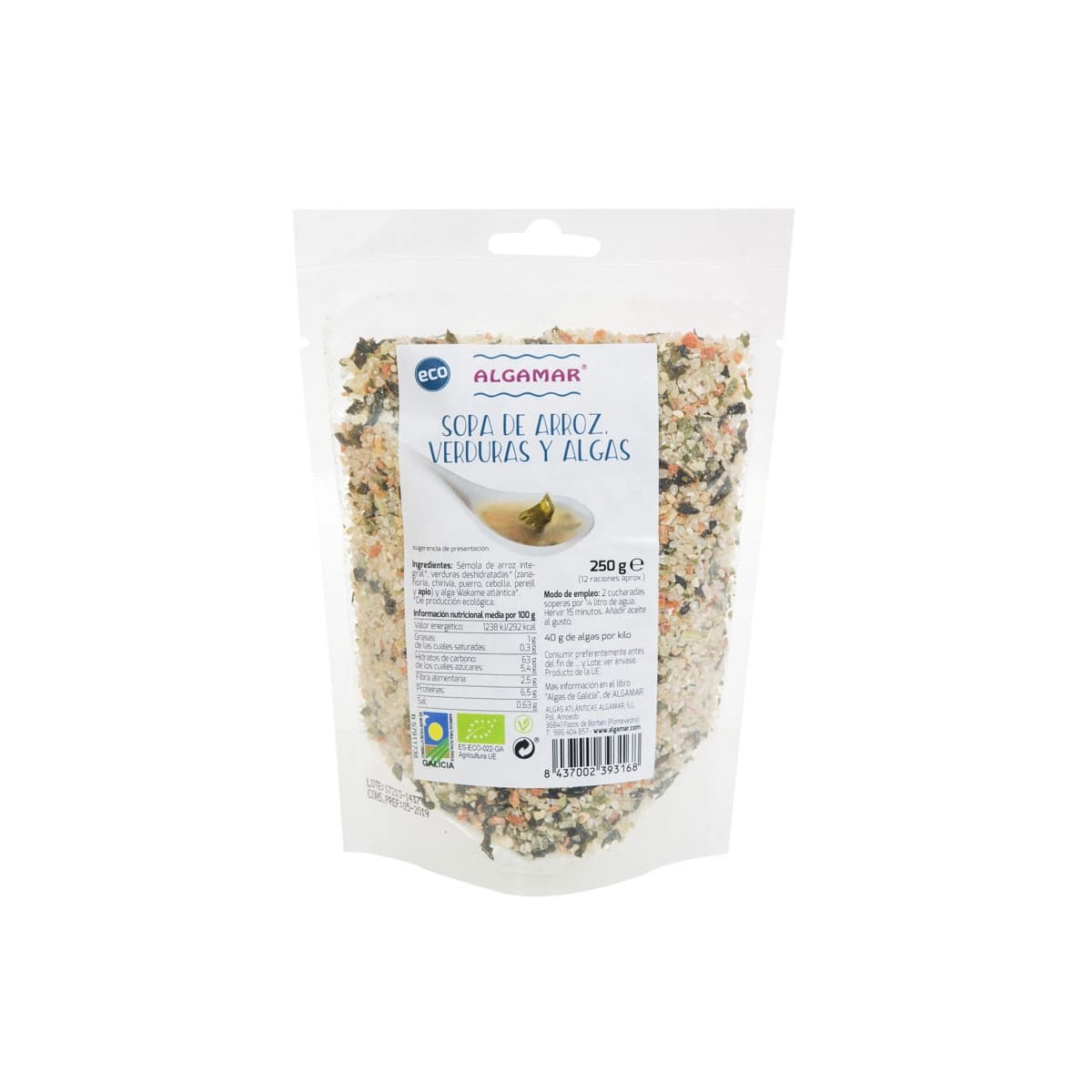 Sopa de arroz verdura y algas 500g Algamar