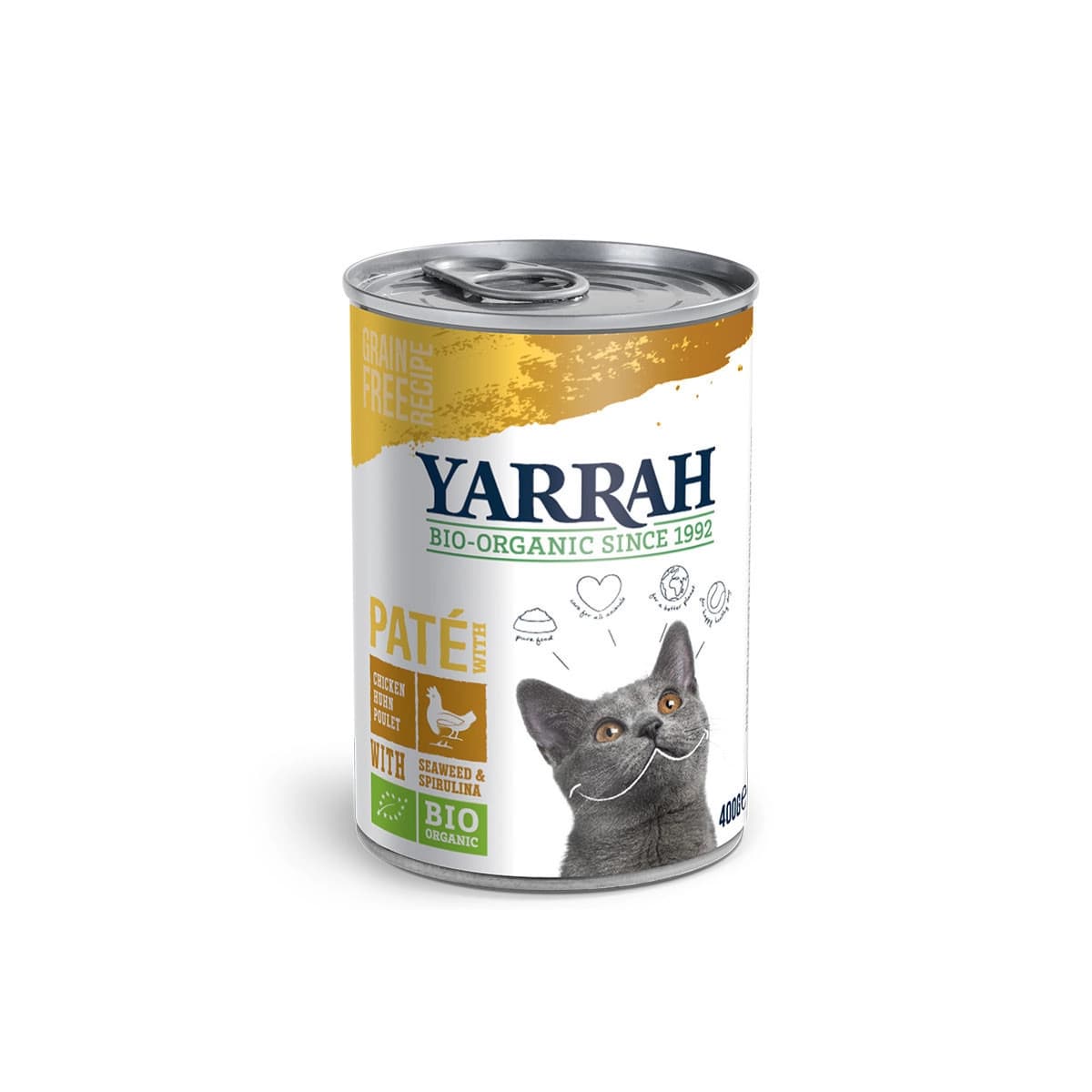 Pate para gatos de pollo y algas bio lata 400g Yarrah