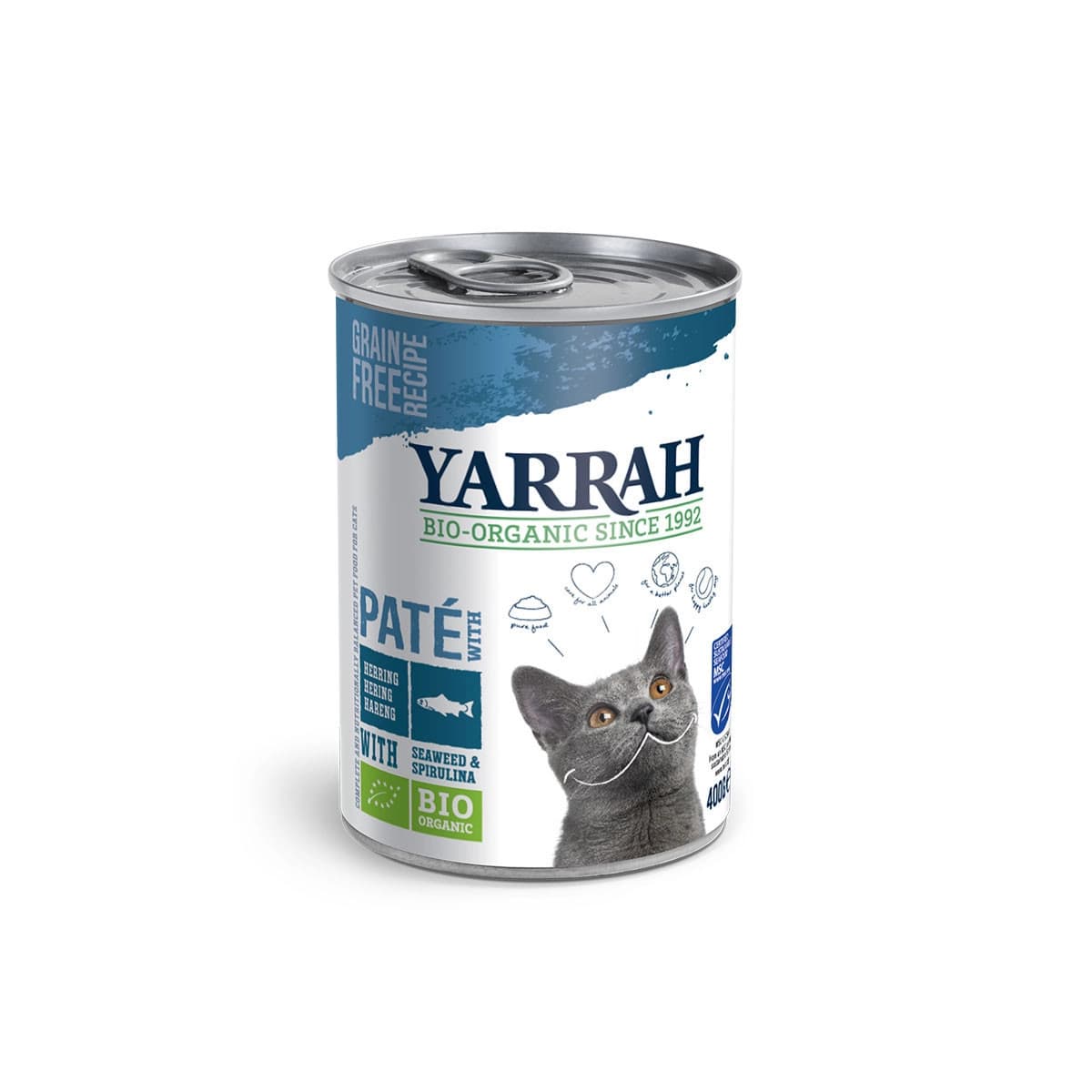 Pate para gatos de pescado con algas bio lata 400g Yarrah