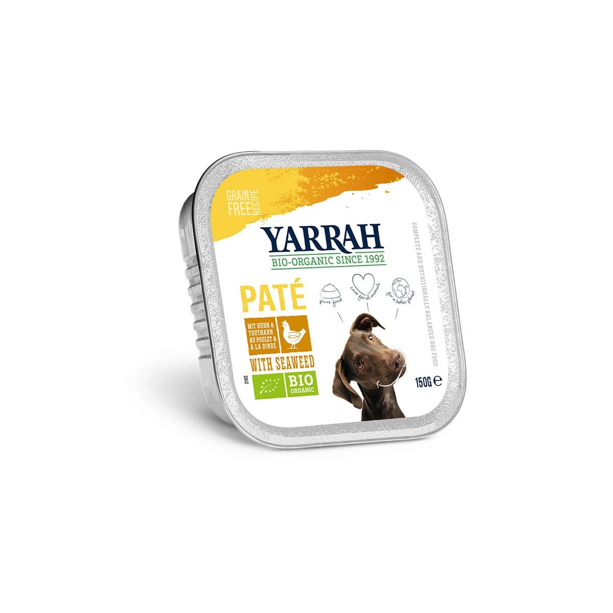 Pate para perros con pollo y algas tarrina bio 150g Yarrah